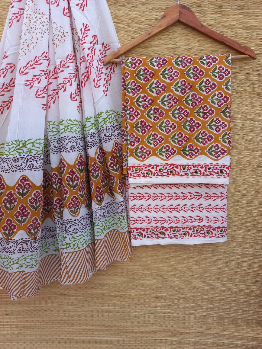 Hand Block Cotton Unstitched Salwar Suit With Cotton/Mulmul Dupatta - JBCM753