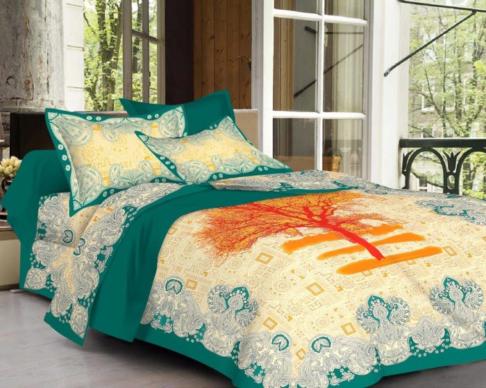 Green Tree Print Cotton Double Bedsheet With Pillow Covers