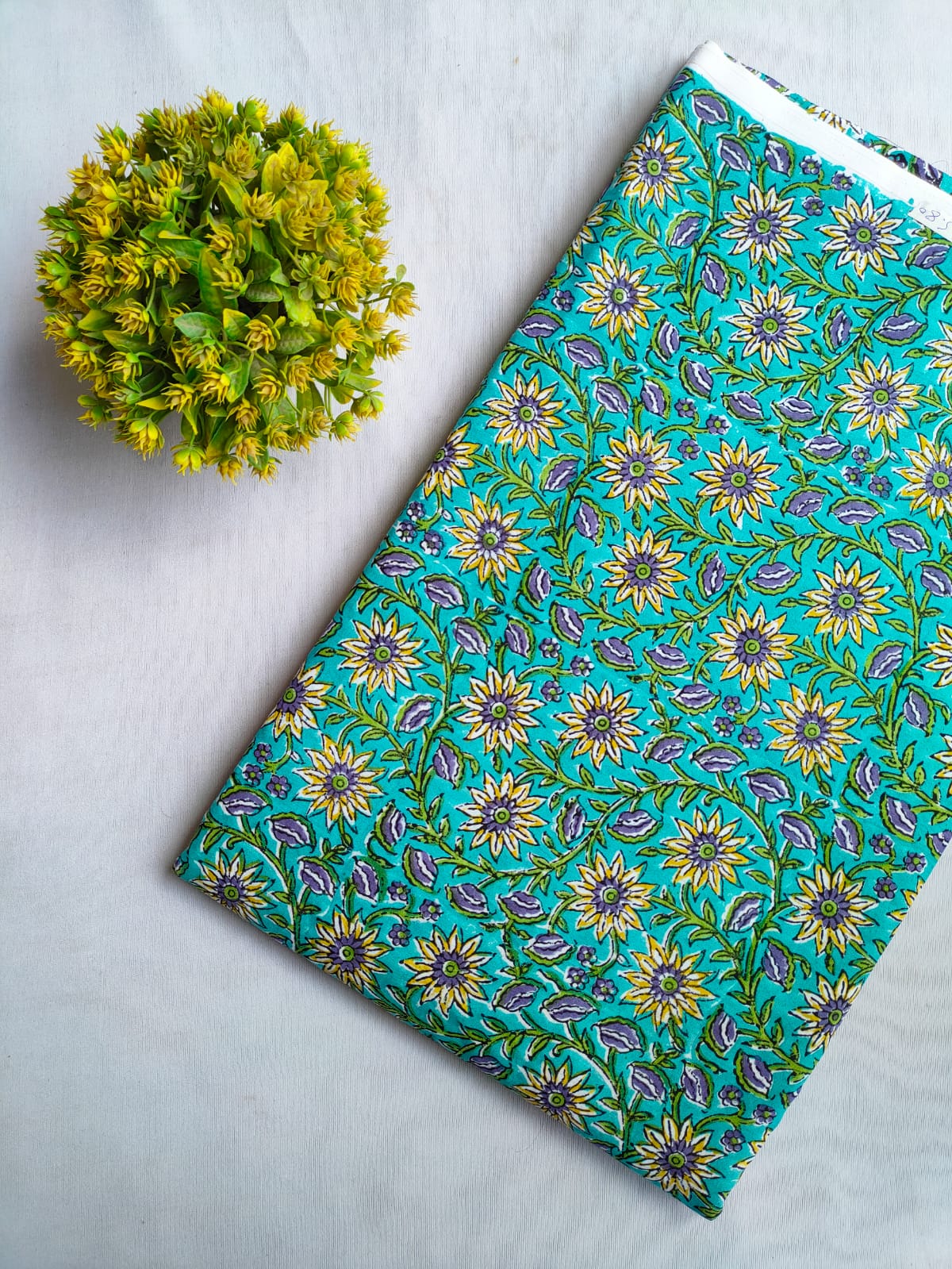 Turquoise Floral Sanganeri Hand Block Print Cotton Fabric From Jaipur Bazar Tulsi Prints