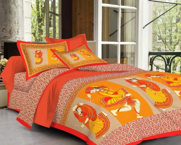 Orange Dhola Maru Print Cotton Double Bedsheet With Pillow Covers