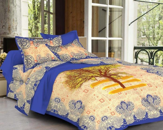 Blue Tree Print Pure Cotton Double Bedsheet With Pillow Covers