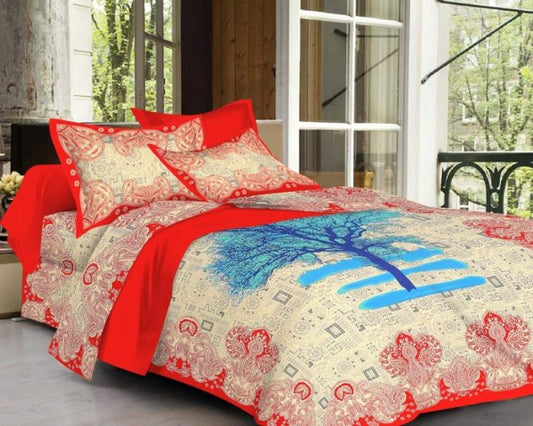 Red Tree Print Pure Cotton Double Bedsheet With Pillow Covers