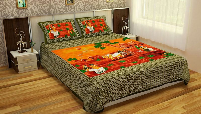 Green Village Print Cotton Double Bedsheet With Pillow Covers