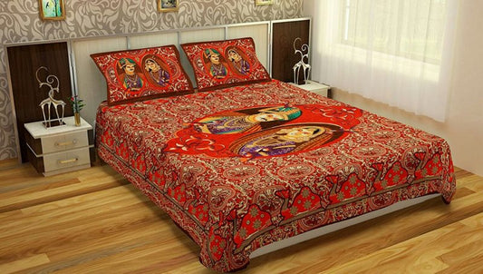 Red Maharaja Print Cotton Double Bed Sheets With Pillow Covers