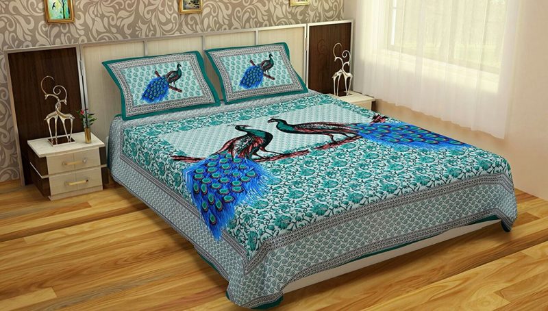 Turqoise Peacock Print Cotton Double Bedsheet With Pillow Covers