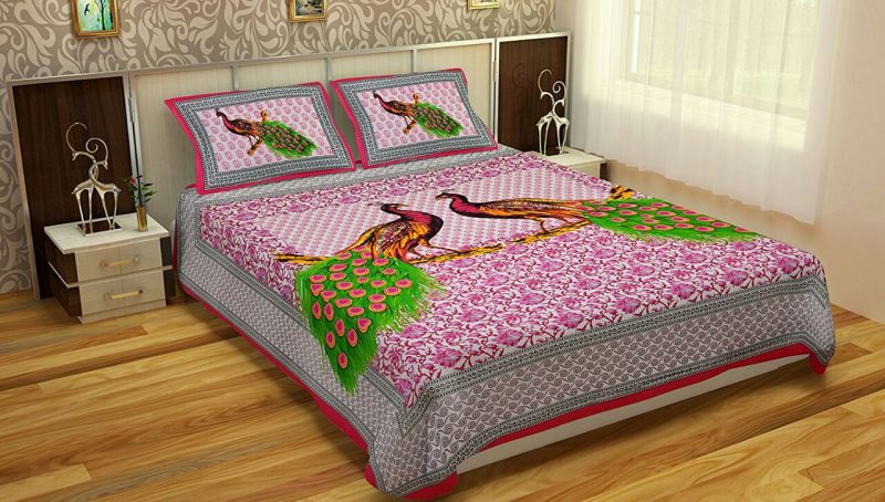 Pink Peacock Print Cotton Double Bedsheet With Pillow Covers