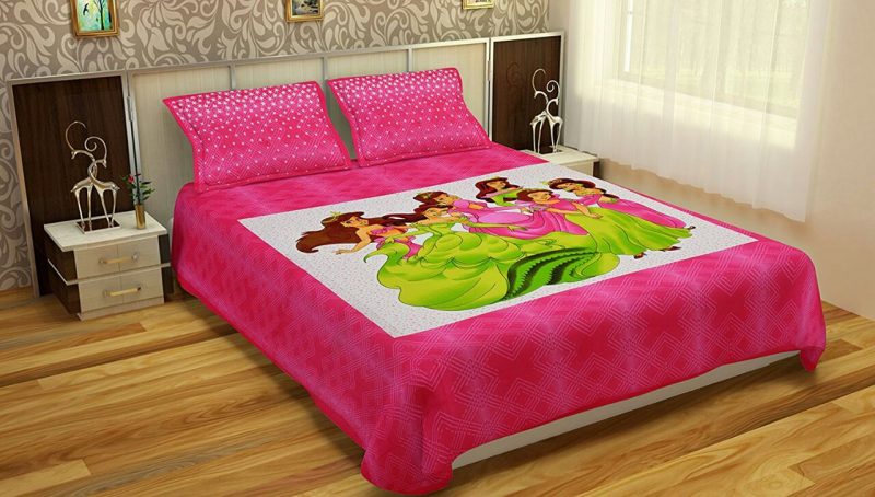 Pink Fairy Pattern Cotton Double Bedsheet With Pillow Covers