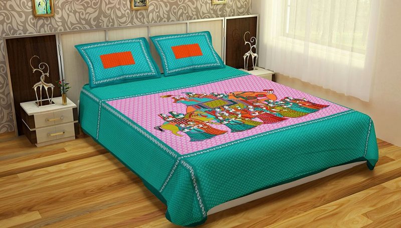 Turquoise Wedding Scene Print Cotton Double Bedsheet with Pillow Cover
