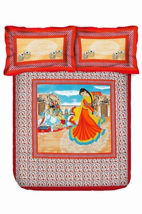 Red Village Women Print Cotton Double Bedsheet With Pillow Covers