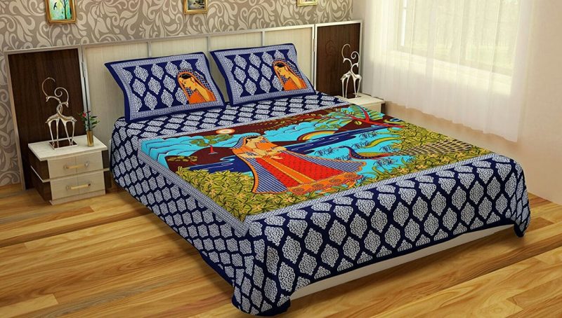 Blue Women Print Double Cotton Bedesheet With Pillow Covers