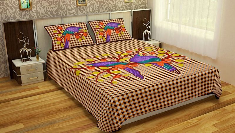 Multicolor/Brown & Yellow Animal Patteren Cotton Double Bedsheet With Pillow Covers