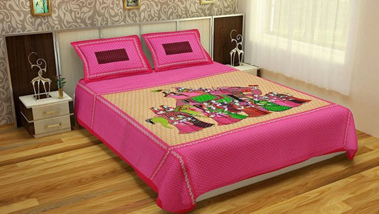 Pink Wedding Scene Print Cotton Double Bedsheet With Pillow Cover