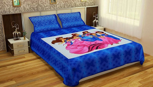 Blue Fairy Print Cotton Double Bedsheet With Pillow Covers