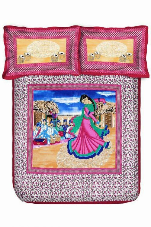 Pink Village Women Print Double Bedsheet With Pillow Covers