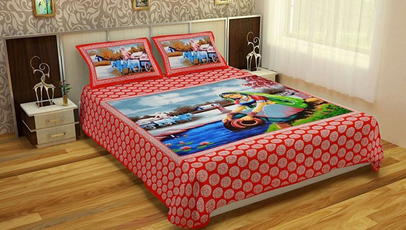 Red Women Print Cotton Double Bedsheet With Pillow Covers