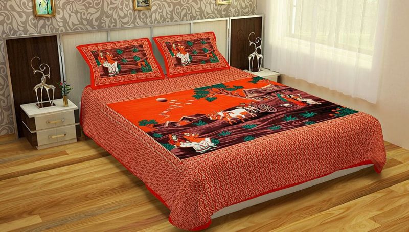 Orange Village Print Cotton Double Bedsheet With Pillow Covers
