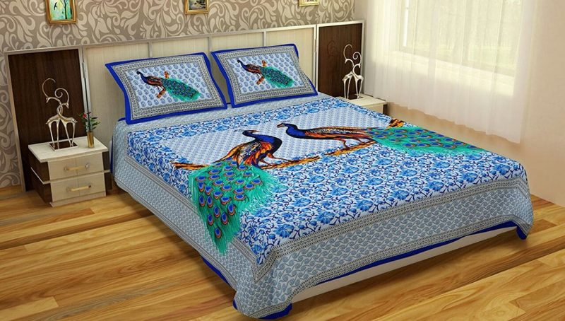 Blue Peacock Print Pure Cotton Double Bedsheet with Pilllow Covers
