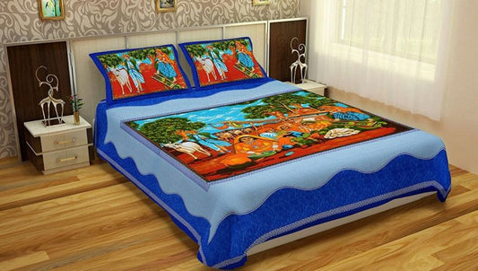 Blue Village Print Cotton Double Bedsheet With Pillow Cover