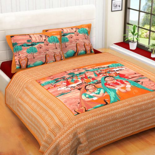 Orange Village Women Print Double Bedsheet With Pillow Covers