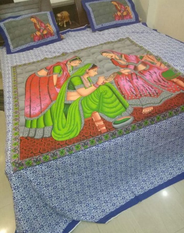 Blue Pure Cotton Village Women Print Double Bedsheet With Pillow Cover