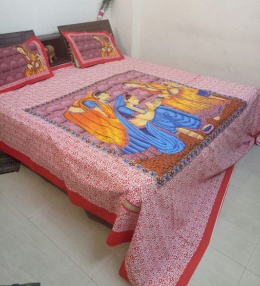 Red Pure Cotton Village Women Print Double Bedsheet With Pillow Cover