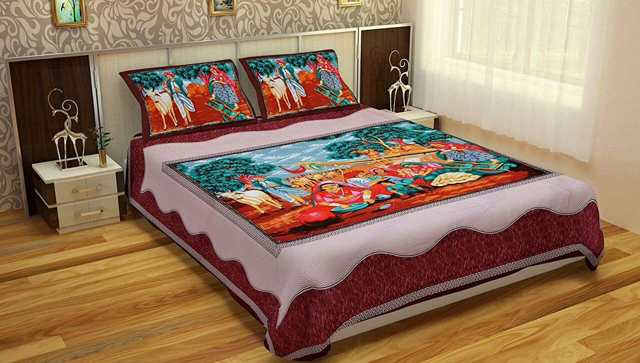 Cotton Dark Brown Women Printed Double Bedsheet With Pillow Covers