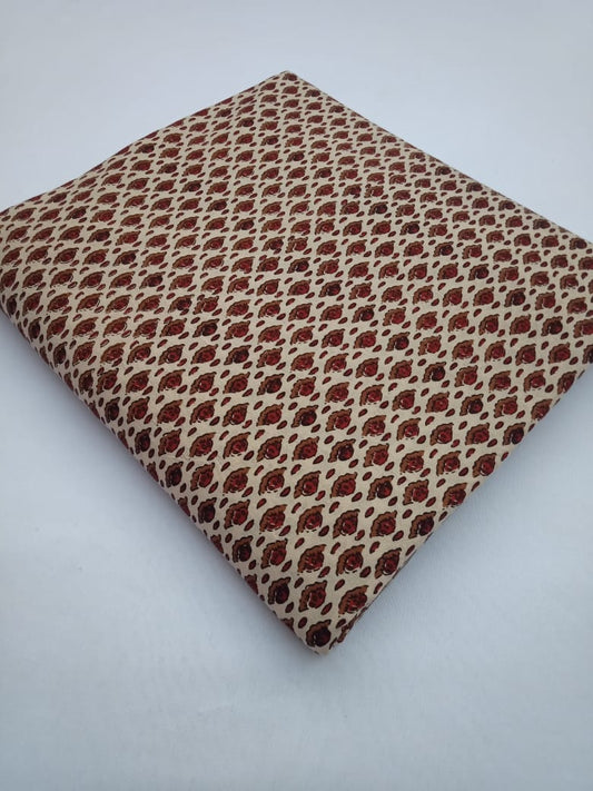Light Maroon & Mustard Small Buti on Off White Bagru Hand Block Printed Pure Cotton Fabric - JBR103
