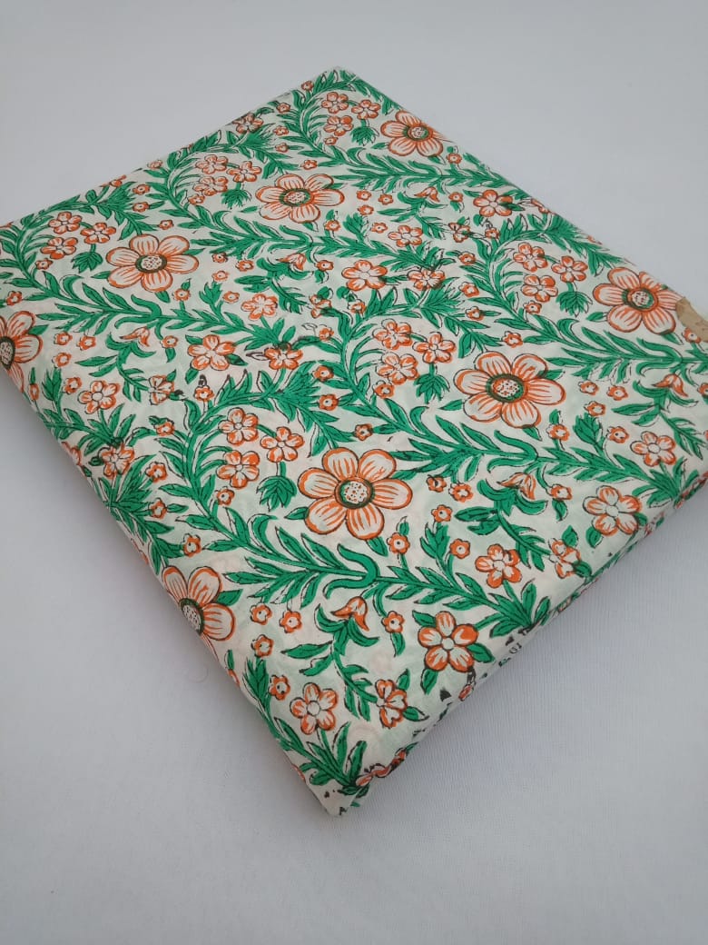 White Base Sea Green & Orange Floral Hand Block Printed Pure Cotton Fabric - JBR95