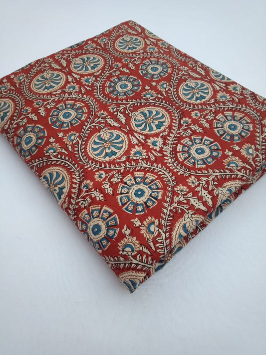 Red Bagru Floral Pattern Pure Cotton Hand Block Printed Fabric - JBR91