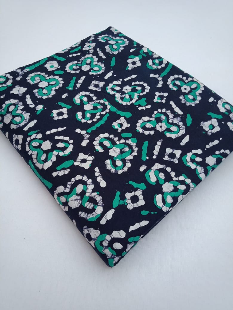Navy Blue Floral Pattern wax Batik Hand Block Printed Pure Cotton Fabric - JBR88