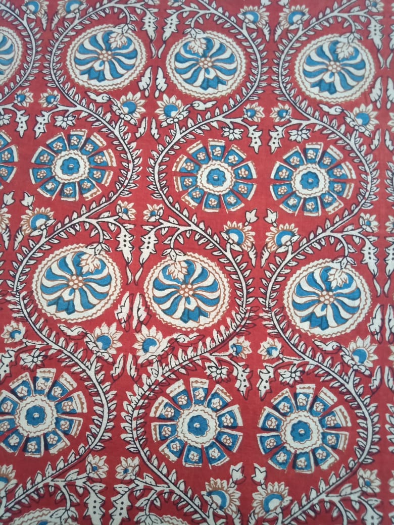 Red Bagru Floral Pattern Pure Cotton Hand Block Printed Fabric - JBR91
