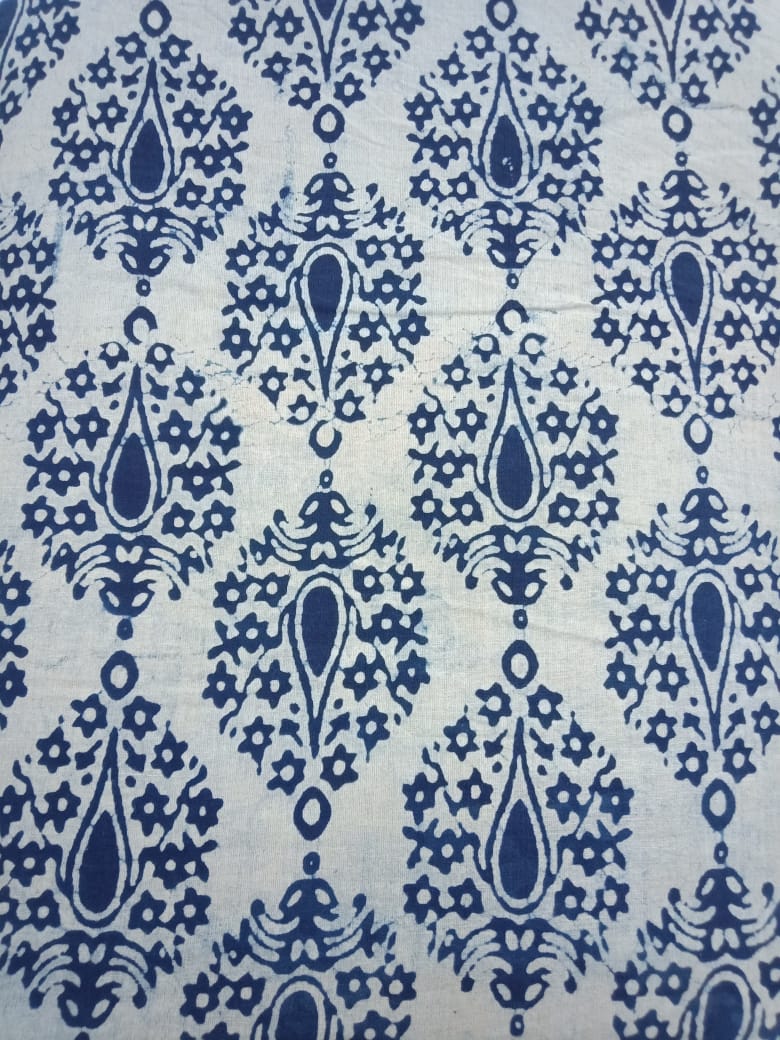 Indigo Damask Patterns Hand Block Printed Pure Cotton Fabric For Kurti - JBR108