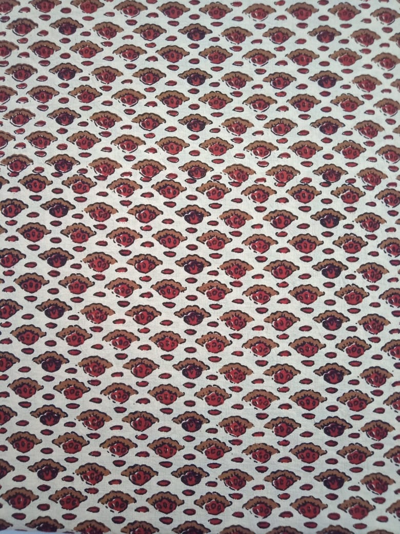 Light Maroon & Mustard Small Buti on Off White Bagru Hand Block Printed Pure Cotton Fabric - JBR103