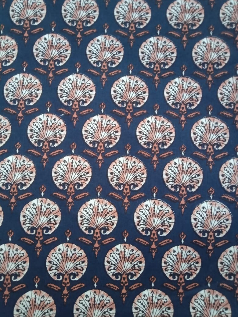 Navy Blue Small Floral Buti Hand Block Printed Pure Cotton Fabric - JBR93