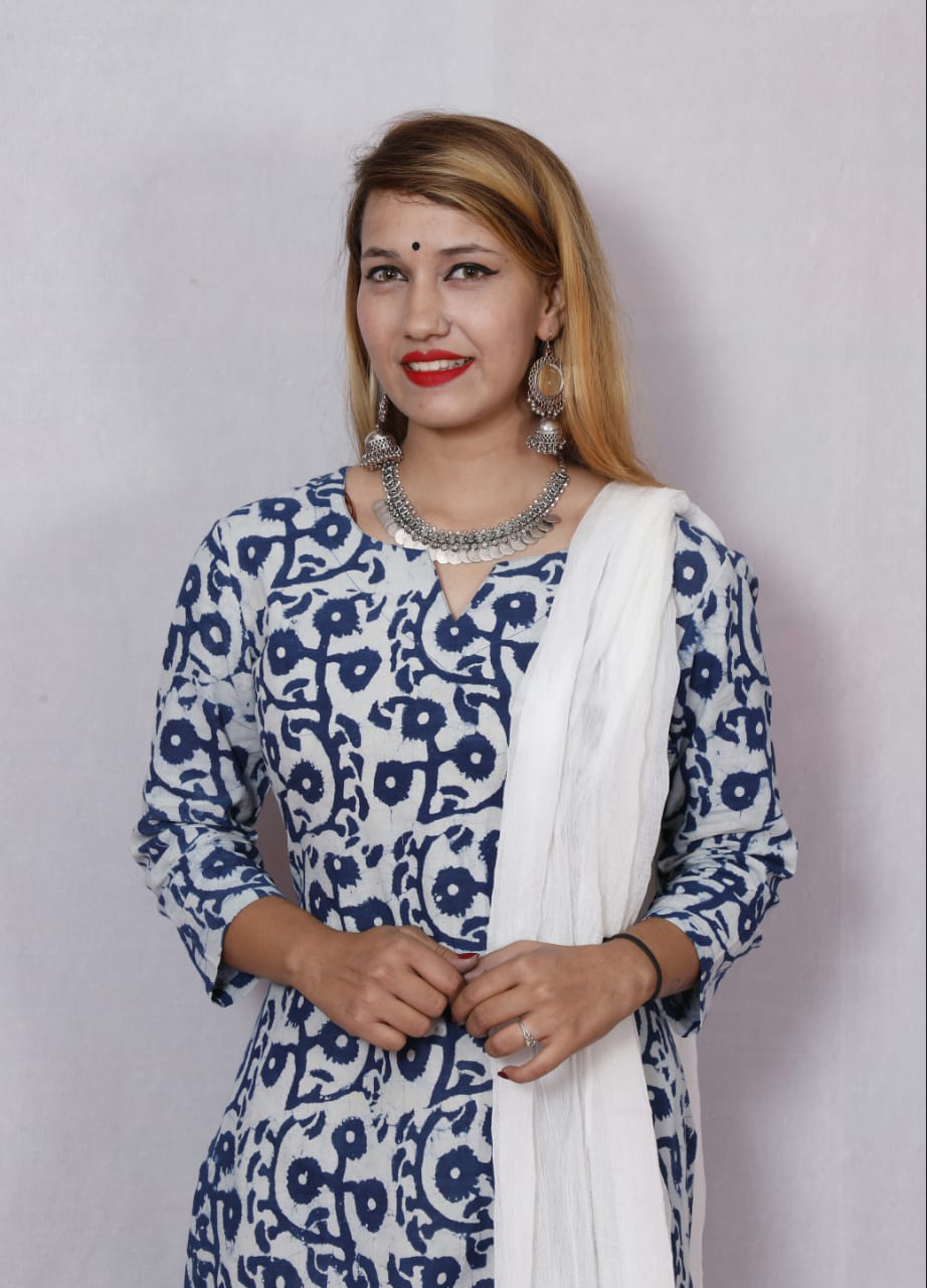 Hand Block Printed Pure Cotton Indigo Floral Pattern Kurta with White Salwar/Bottom and Dupatta - JBD06