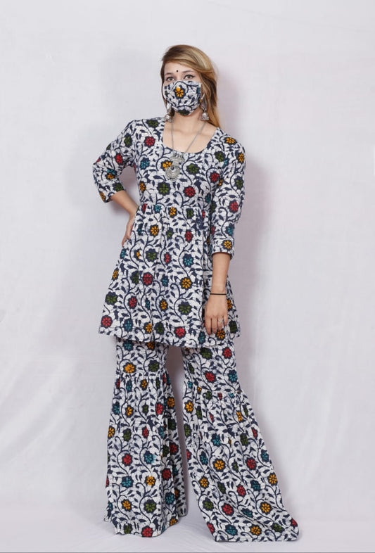 White Base Floral Multi Colored Wax Batik Print Gharara Set