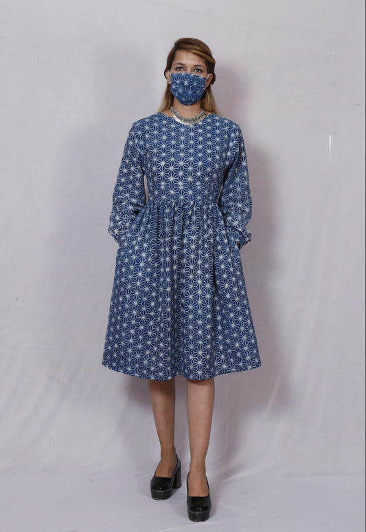 Indigo Block Printed Cotton Dress