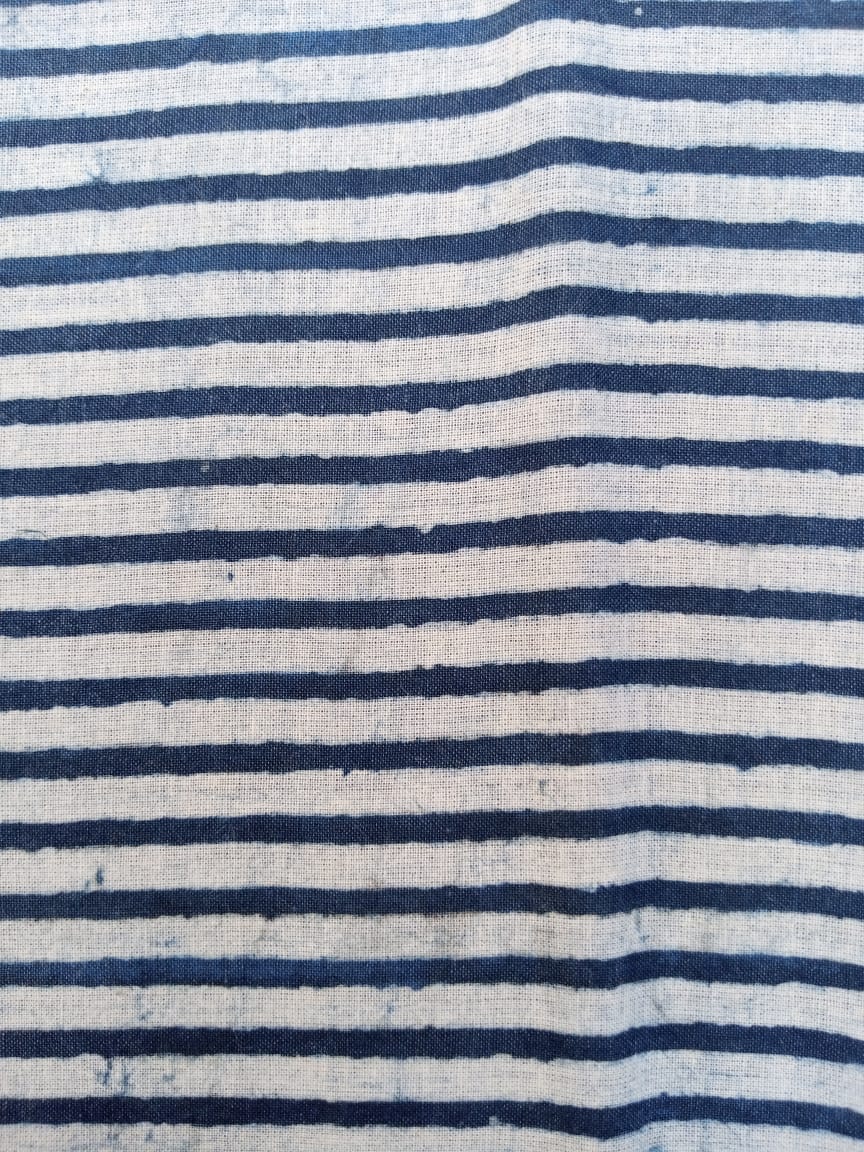 Indigo Pure Cotton Hand Block Printed Stripe Fabric for Kurtis and Palazzo - JBR06