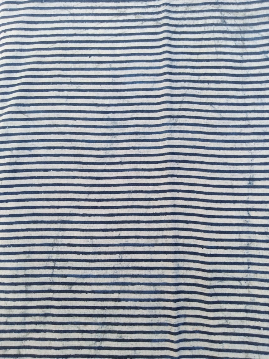 Indigo Pure Cotton Hand Block Printed Stripe Fabric for Kurtis and Palazzo - JBR06
