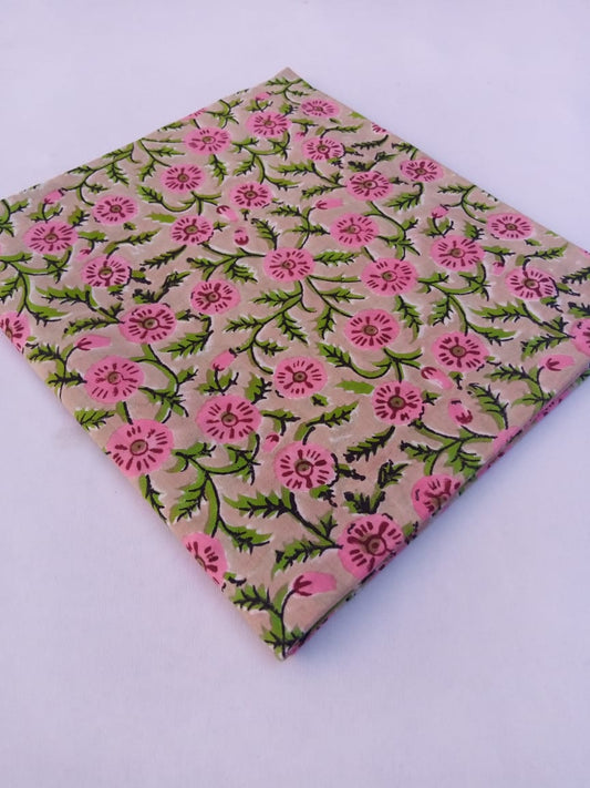 Beige with Pink Florals Pure Cotton Hand Block Printed Fabric - JBR83