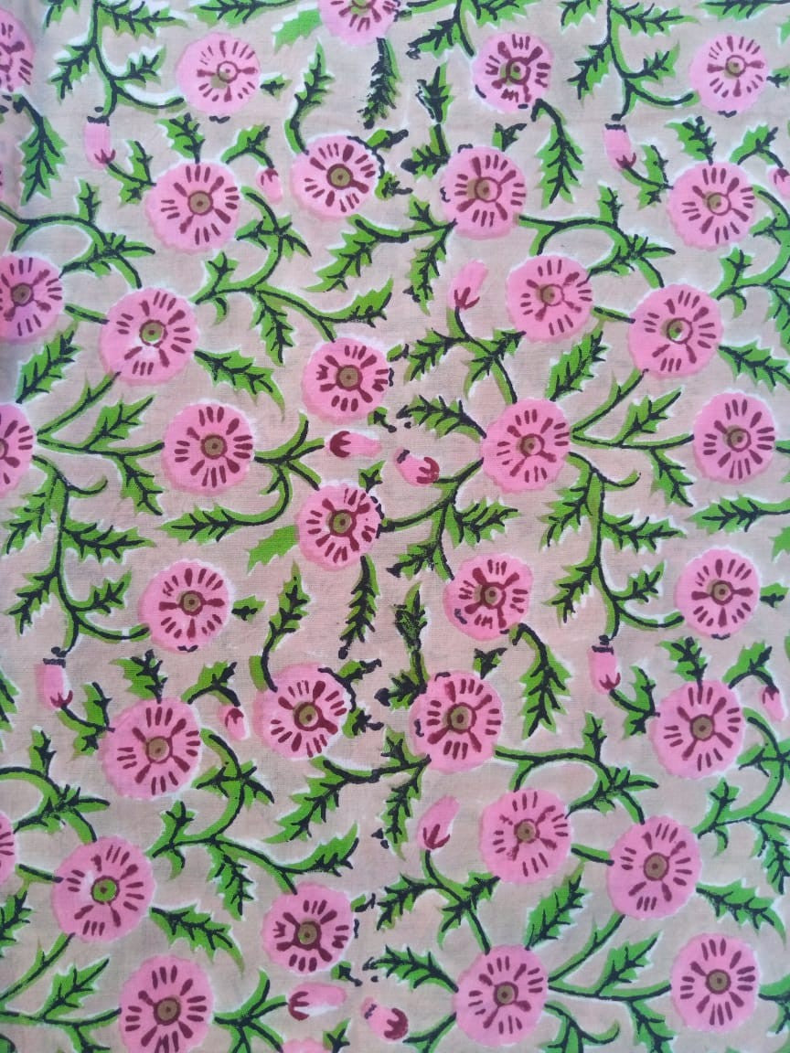 Beige with Pink Florals Pure Cotton Hand Block Printed Fabric - JBR83