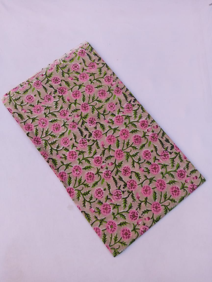 Beige with Pink Florals Pure Cotton Hand Block Printed Fabric - JBR83