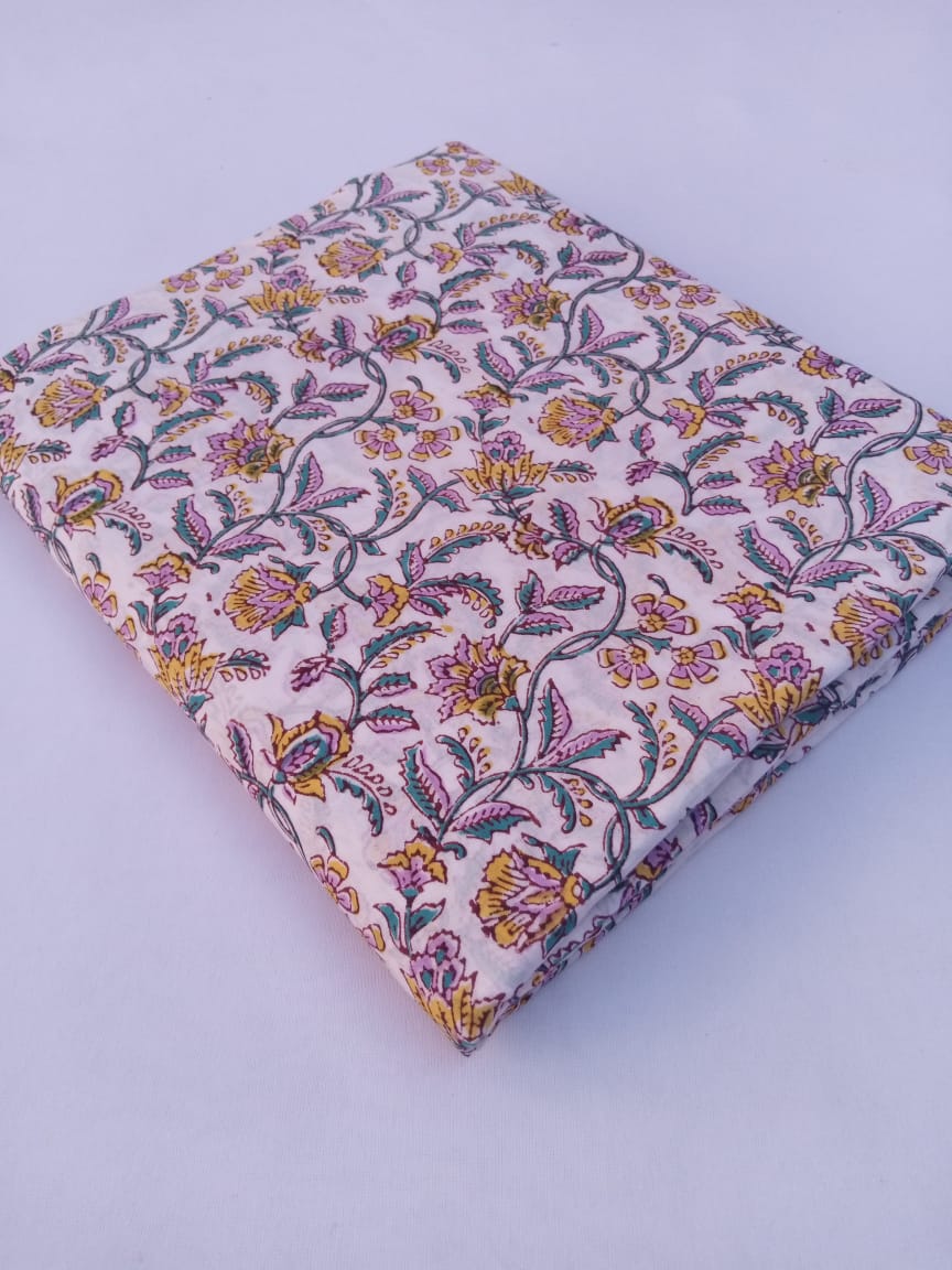 White Base Multi Colored Kalamkari Hand Block Printed Pure Cotton Fabric - JBR81