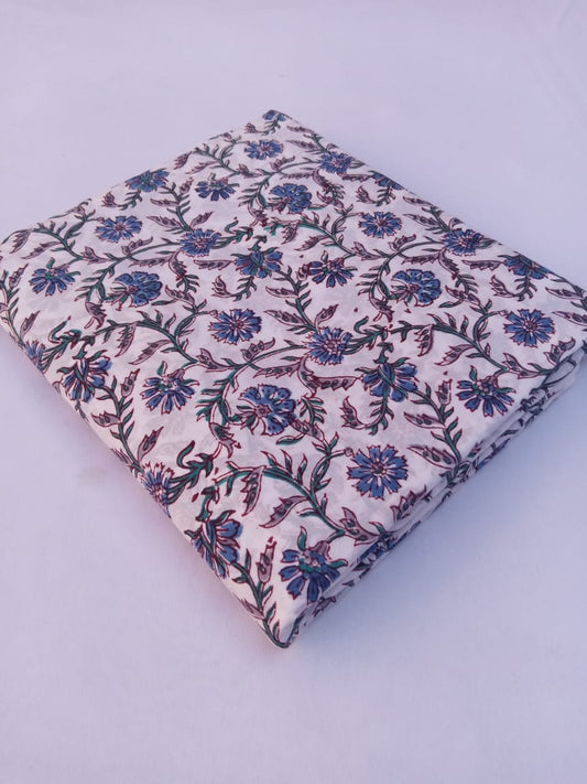 White Base Gray & Blue Kalamkari Print Hand Block Pure Cotton Fabric - JBR82