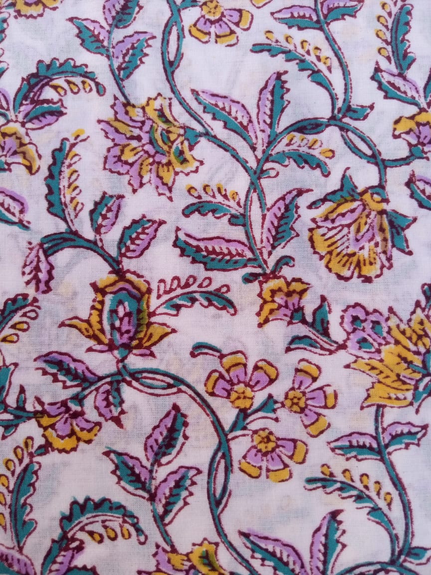 White Base Multi Colored Kalamkari Hand Block Printed Pure Cotton Fabric - JBR81