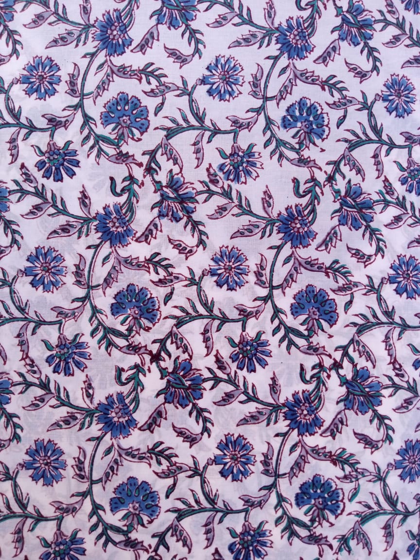 White Base Gray & Blue Kalamkari Print Hand Block Pure Cotton Fabric - JBR82