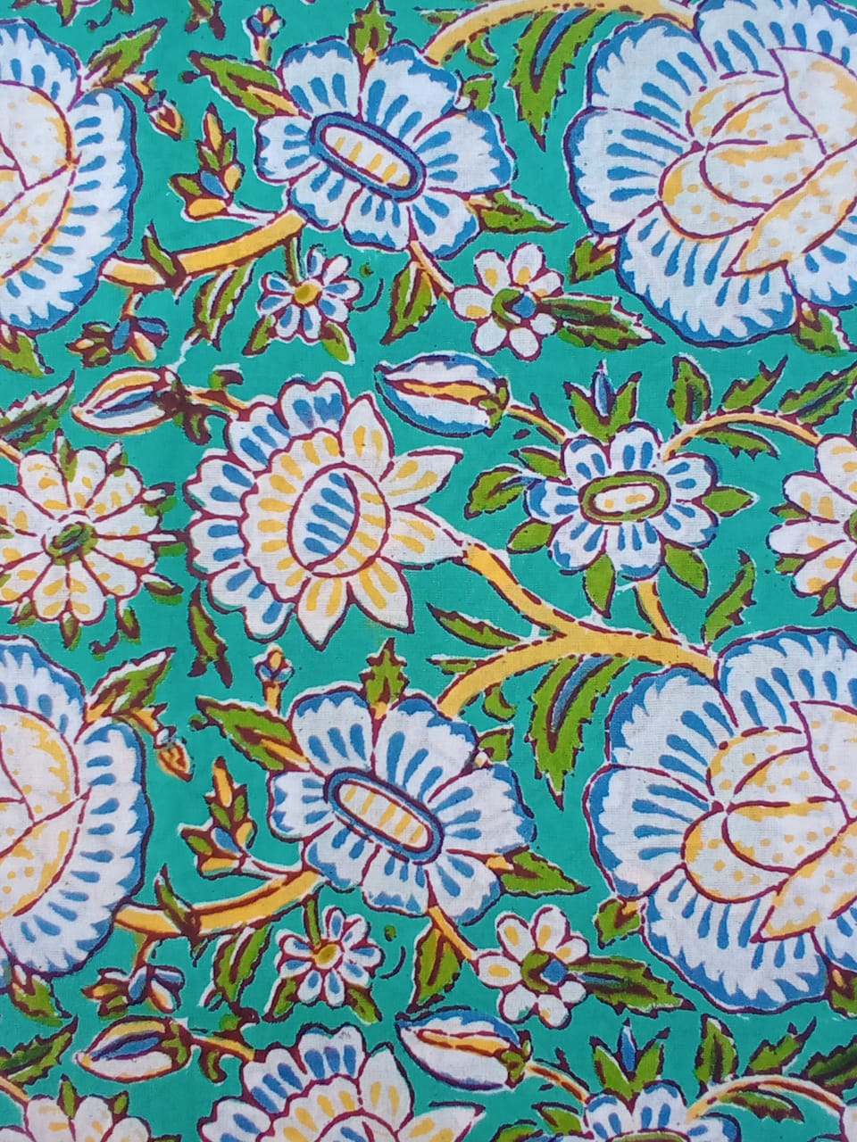 Sea Green with Multi Colors Floral Pattern Pure Cotton Hand Block Printed Fabric - JBR80