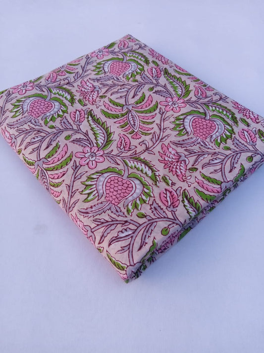 Beige Multi-Colored Floral Pattern Hand Block Printed Pure Cotton Fabric - JBR78