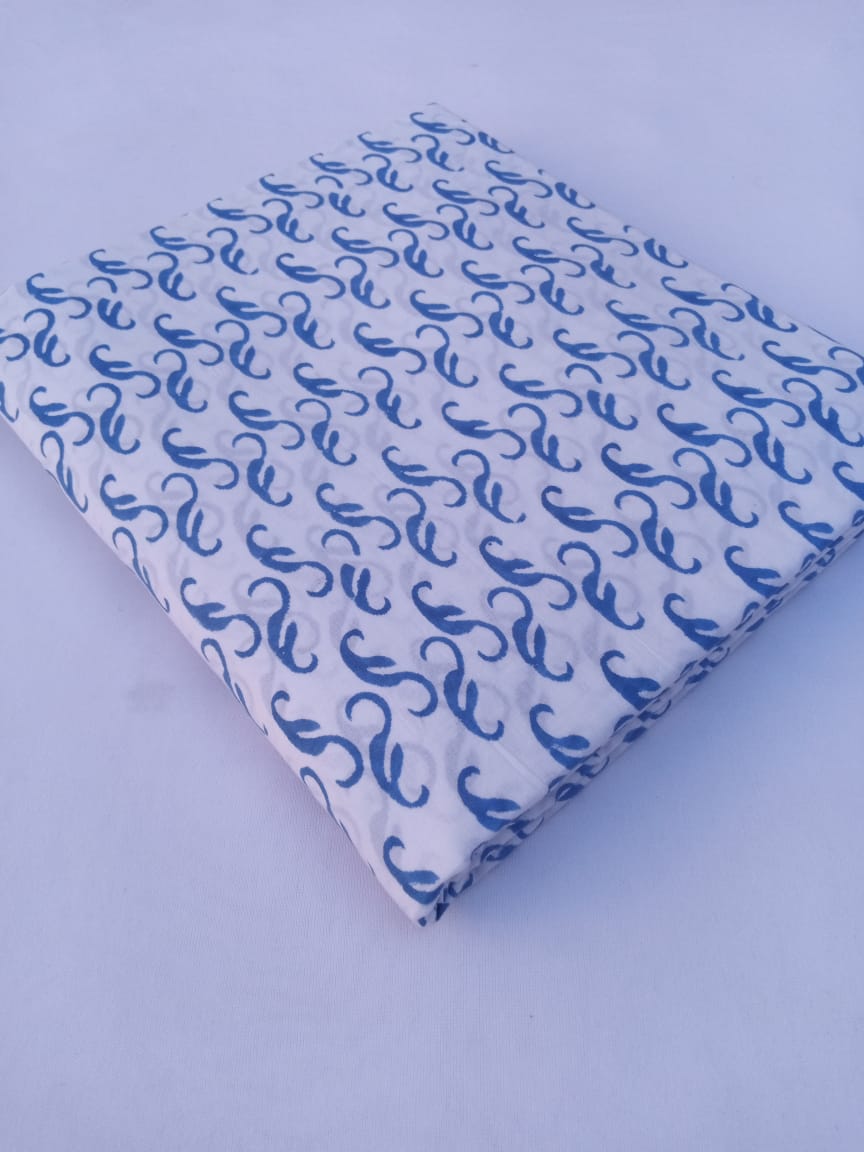 Blue White Base Hand Block Printed Pure Cotton Fabric - JBR76