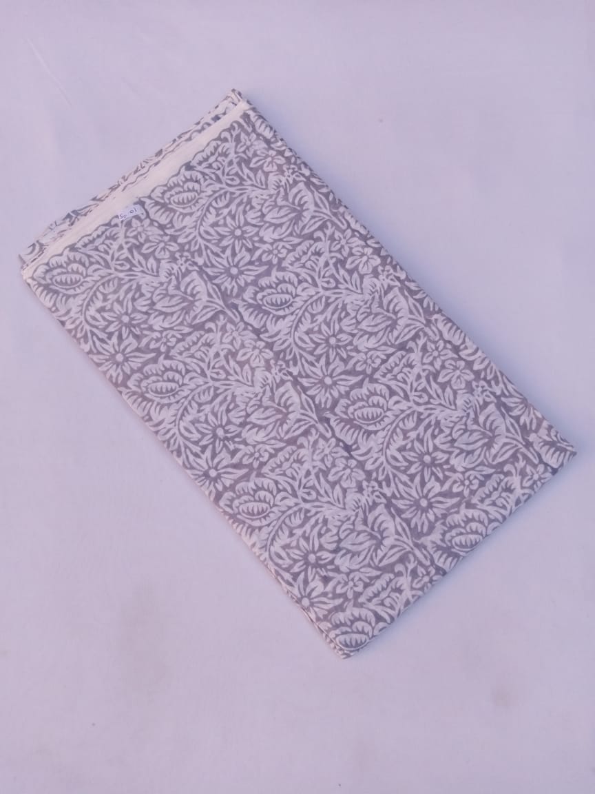 Light Gray Scroll Pattern Hand Block Printed Pure Cotton Fabric For Kurtis - JBR17